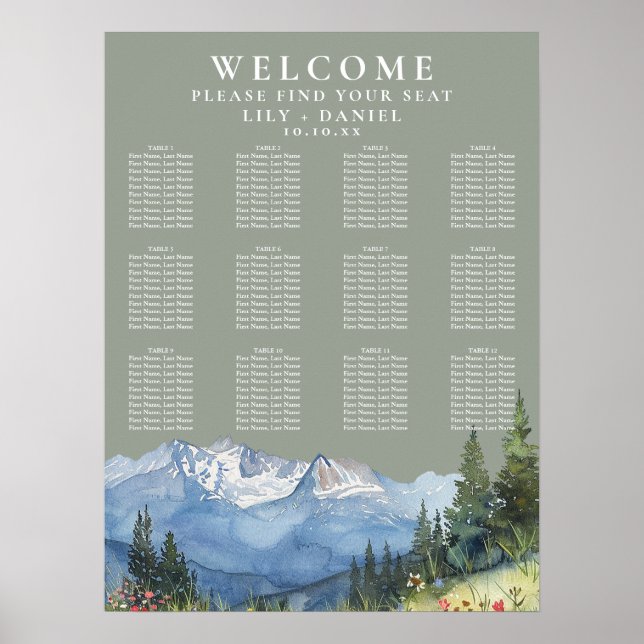 Poster Mountain Floral Sage Green Wedding Seating Chart (Devant)