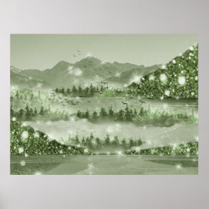 Poster Mountain Forest Lake Landscape Mixed Media
