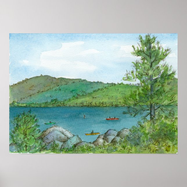 Poster Mountain Lake Kayaking Aquarelle Paysage Art (Devant)
