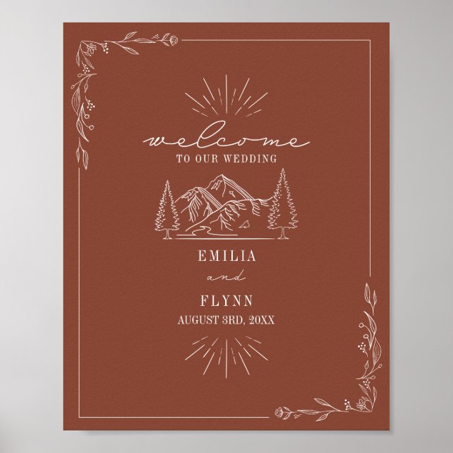 Poster Mountain Line Art Terracotta Mariage Bienvenue (Devant)