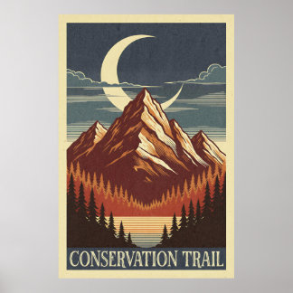 Poster Mountain Moonlit Scene with Conservation Trail