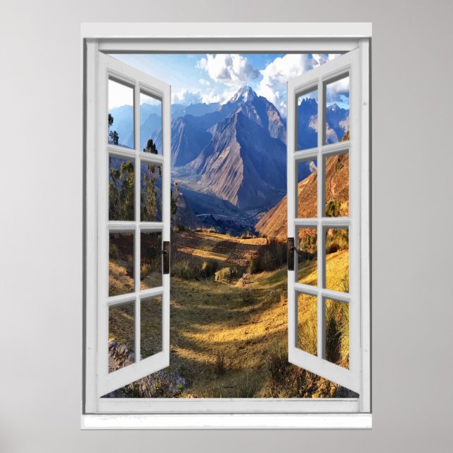Poster Mountain Peaks View Trompe l'oeil Fake Window (Devant)