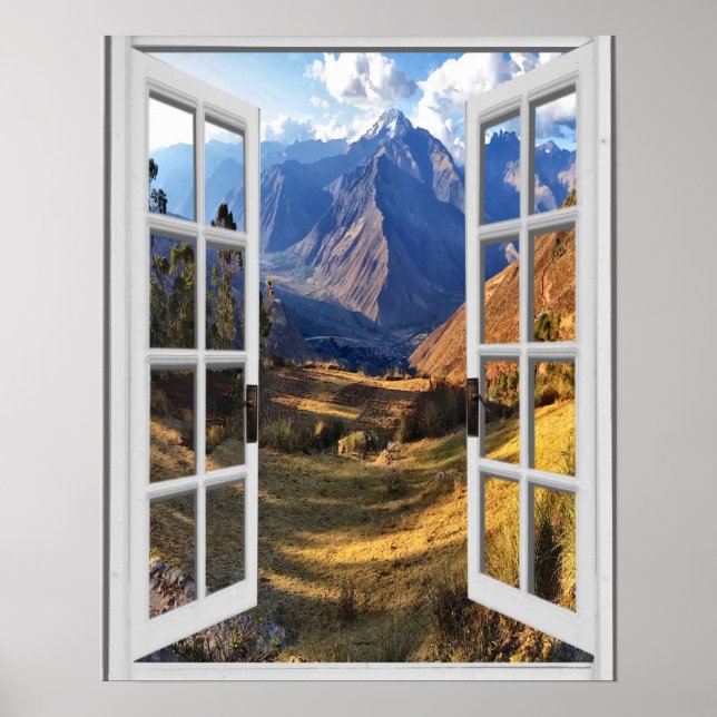 Poster Mountain Peaks View Trompe l'oeil Fake Window (Devant)