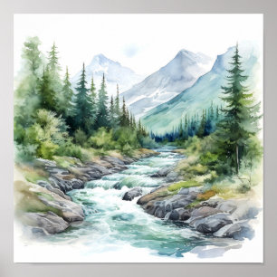 Poster Mountain River Alaska Watercolor Peinture