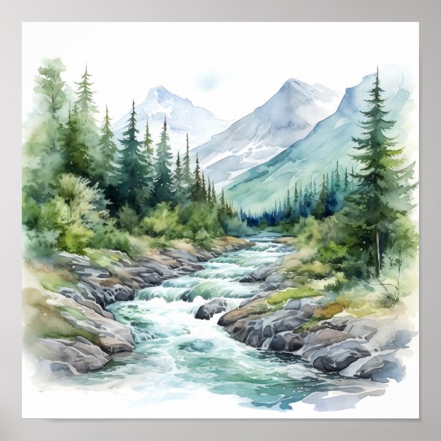 Poster Mountain River Alaska Watercolor Peinture (Devant)