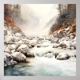 Poster Mountain River Alaska Watercolor Peinture