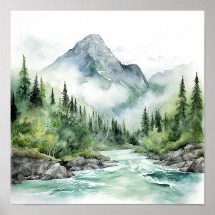 Poster Mountain River Alaska Watercolor Peinture