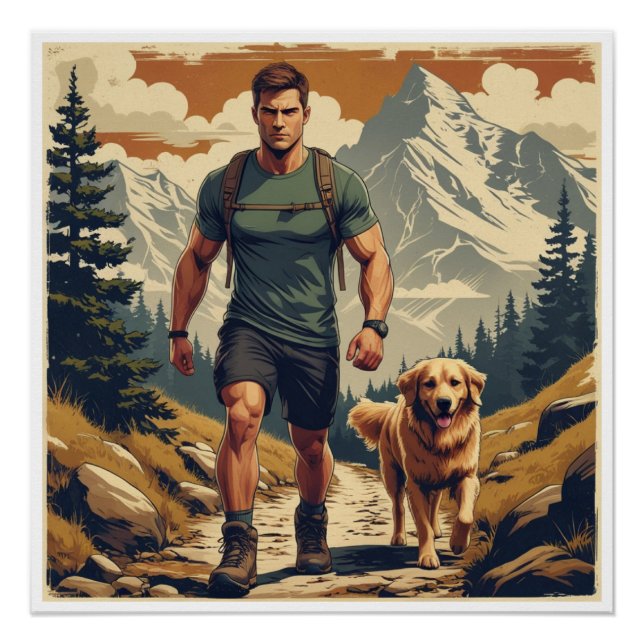 Poster Mountain Trail Hiker & Dog Adventure Illustration (Devant)