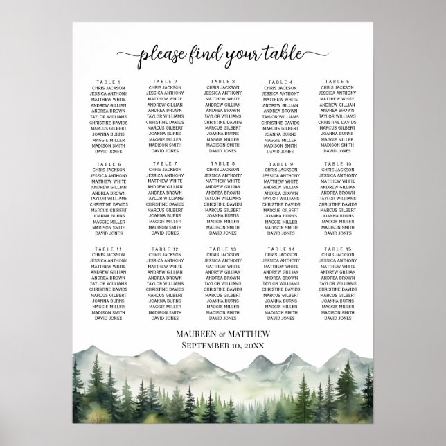 Poster Mountains and Pines 15 Tables Wedding Seating (Devant)