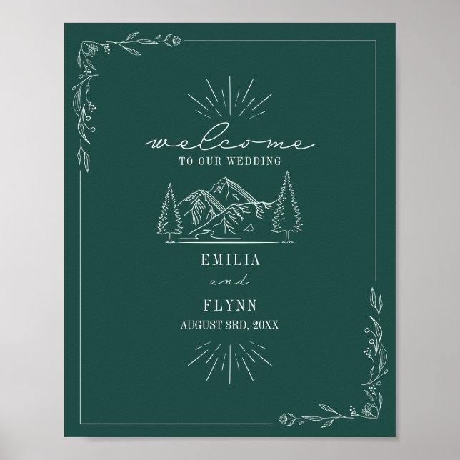 Poster Mountains Line Art Emerald Mariage (Devant)