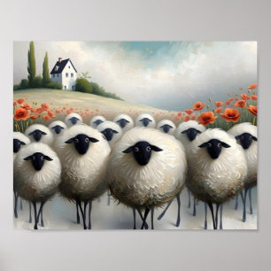 Poster Mouton adorable champ de coquelicots et une maison