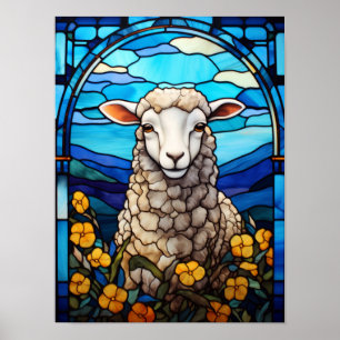 Poster Moutons en Verre Coloré dans une Prairie Printaniè