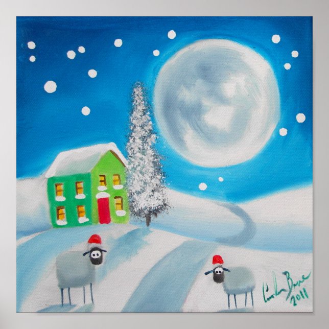 Poster moutons folle peinture pleine lune hiver (Devant)