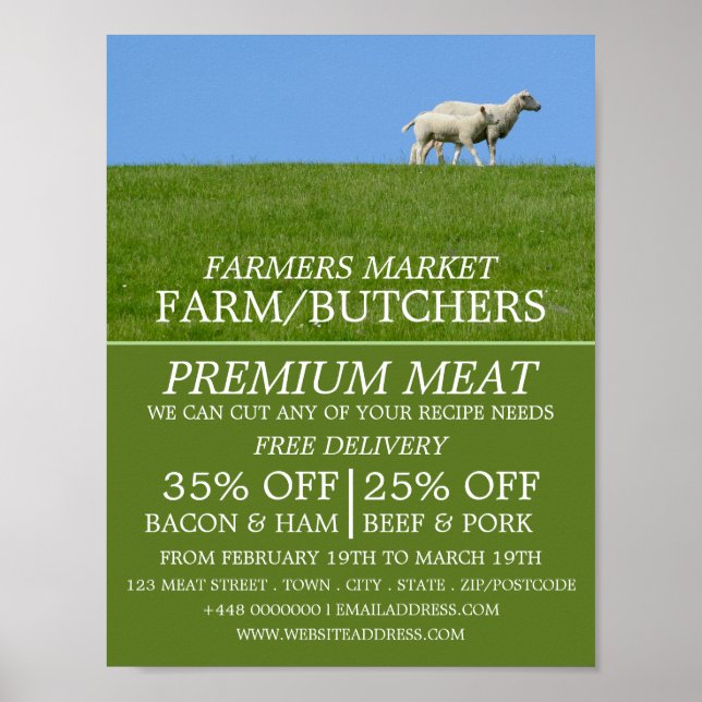 Poster Moutons sur l'herbe, l'agriculteur et le boucher P (Devant)