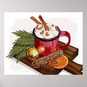 Poster Mug Chocolat Chaud Rustique Cosy Marshmallow Noël 