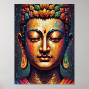 Poster Multicolore Pixel Art Moderne Bouddha