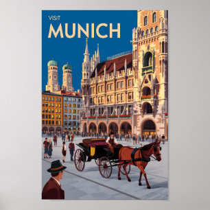 Poster Munich Allemagne Marienplatz Voyage Art Rétro