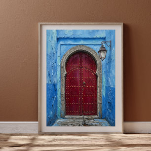 Poster Mur Bleu de Chefchaouen & Porte Marocaine Cramoisi