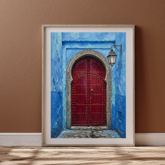 Poster Mur Bleu de Chefchaouen & Porte Marocaine Cramoisi