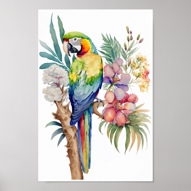 Poster Mur de Macaw Parrot avec imprimé de fleurs tropica (Devant)