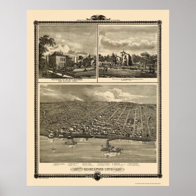 Poster Muscatine City, IA Carte panoramique - 1875 (Devant)