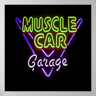 Poster Muscle Car Garage Neon Sign Blue Green