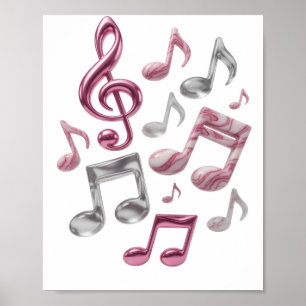 Poster MUSIC EN ROSE ET BLANC Texte en 3D Bold Silver Art