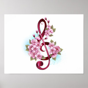 Poster Musical treble clef notes with sakura flowers