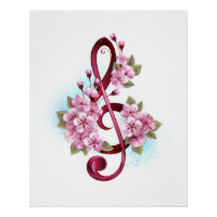 Musical treble clef notes with sakura flowers
