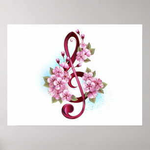 Poster Musical treble clef notes with sakura flowers