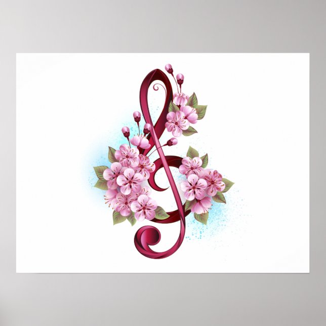 Poster Musical treble clef notes with sakura flowers (Devant)