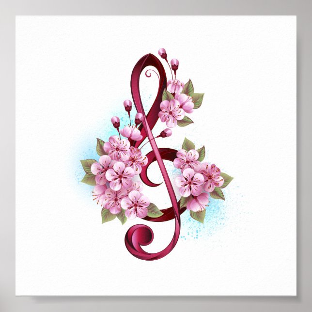 Poster Musical treble clef notes with sakura flowers (Devant)