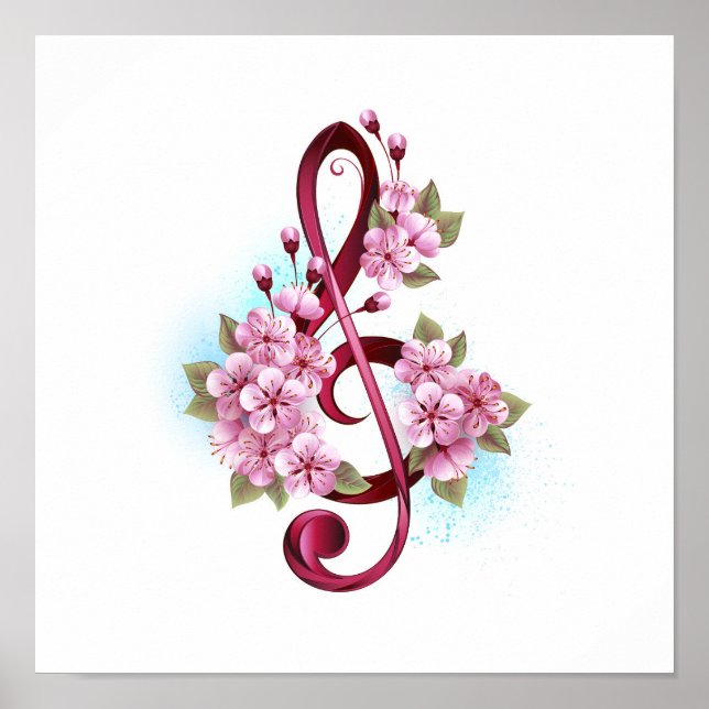 Poster Musical treble clef notes with sakura flowers (Devant)