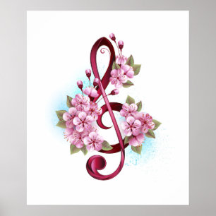Poster Musical treble clef notes with sakura flowers