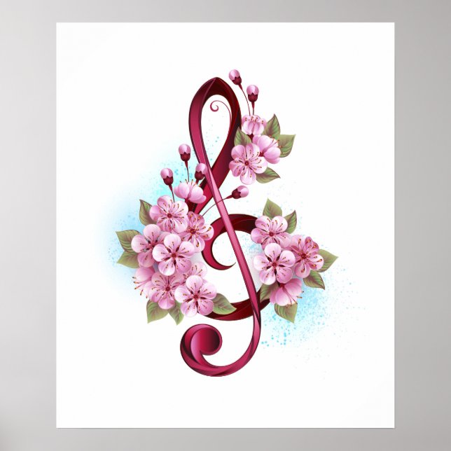 Poster Musical treble clef notes with sakura flowers (Devant)