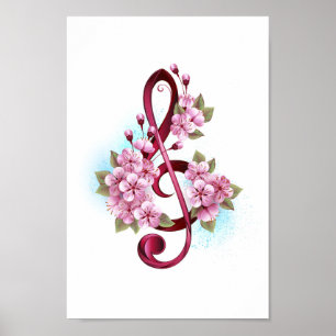Poster Musical treble clef notes with sakura flowers