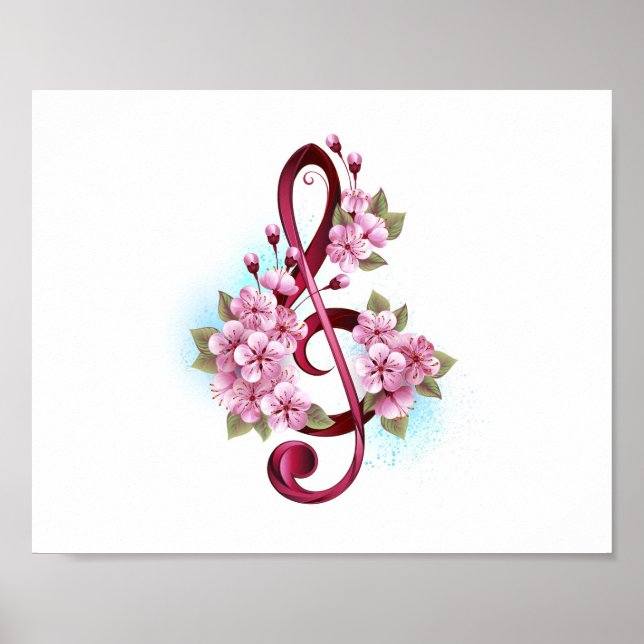 Poster Musical treble clef notes with sakura flowers (Devant)