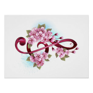 Poster Musical treble clef notes with sakura flowers