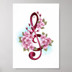 Poster Musical treble clef notes with sakura flowers