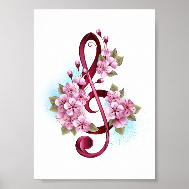Poster Musical treble clef notes with sakura flowers (Devant)