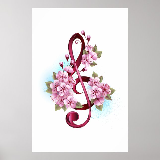 Poster Musical treble clef notes with sakura flowers (Devant)
