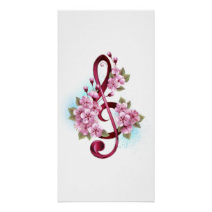 Poster Musical treble clef notes with sakura flowers