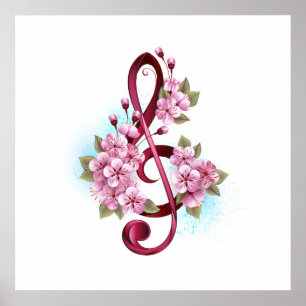 Poster Musical treble clef notes with sakura flowers