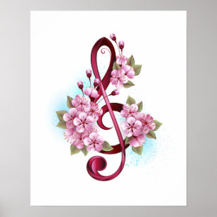 Poster Musical treble clef notes with sakura flowers