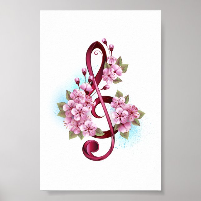 Poster Musical treble clef notes with sakura flowers (Devant)