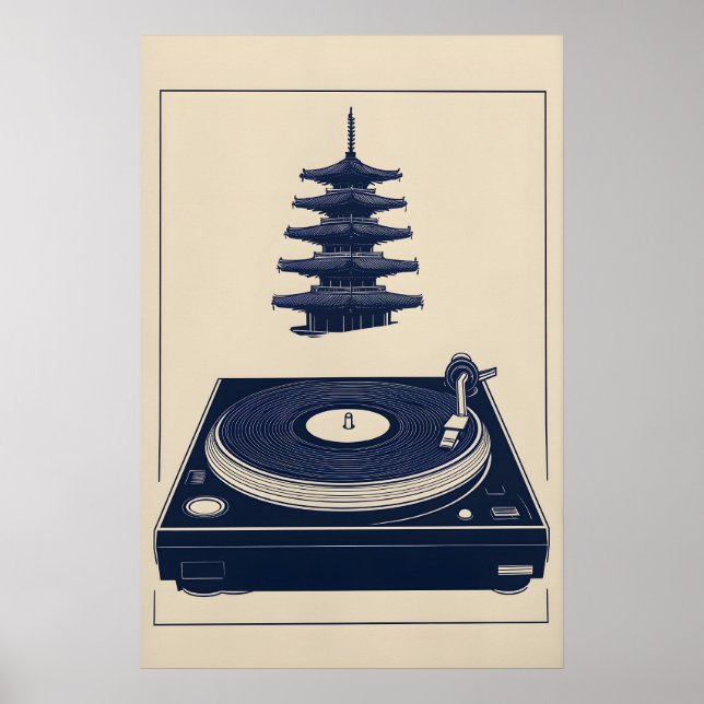 Poster Musique Art Minimaliste Bleu Tourne-Disque Vintage (Devant)