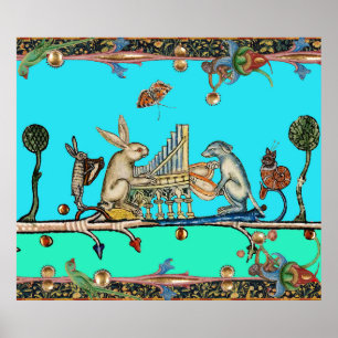 Poster MUSIQUE BESTIAIRE MÉDIÉVAL, Lapin, Chien, Bleu