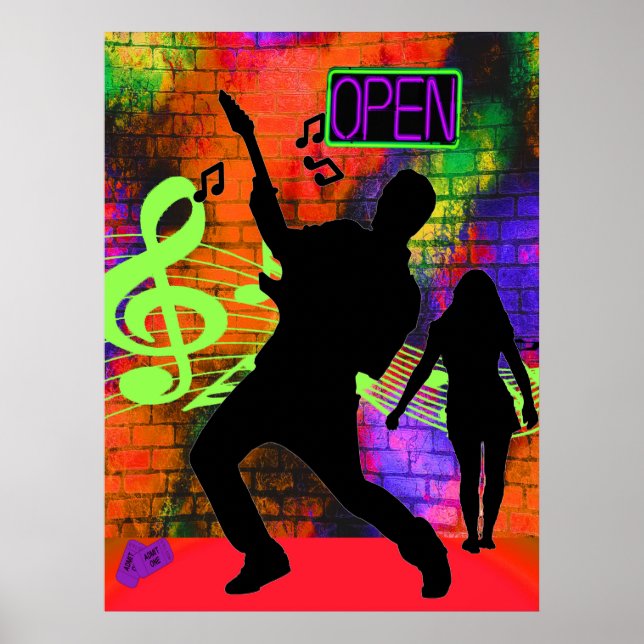 Poster Musique Guitare Homme et fille Neon Couleurs (Devant)