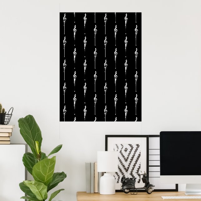 Poster Musique Motif Melting Treble Clef Blanc et Noir (Bureau à domicile)