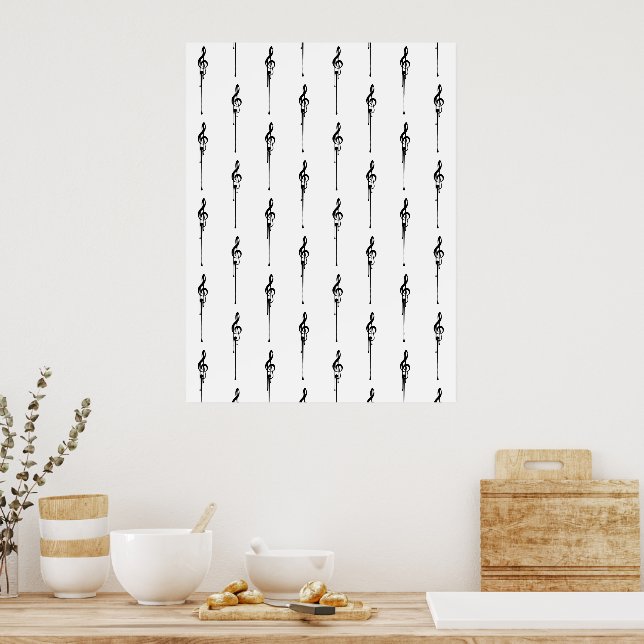 Poster Musique Motif Melting Treble Clef noir et blanc (Cuisine)